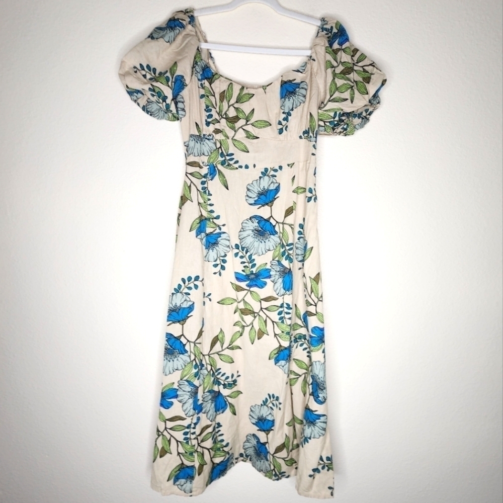 Tulip Creations Floral Short Puff Sleeve Smocked Back Midi Dress M
